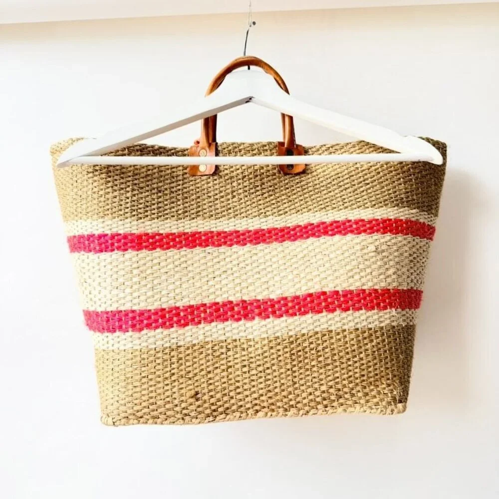 Mar Y Sol Caracas Tote Straw Raffia Pom Pom Beach Tote - Beige/Red